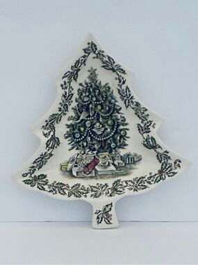 Johnson Bros Vintage Merry Christmas Tree Shaped Candy Dish 8" Made In England